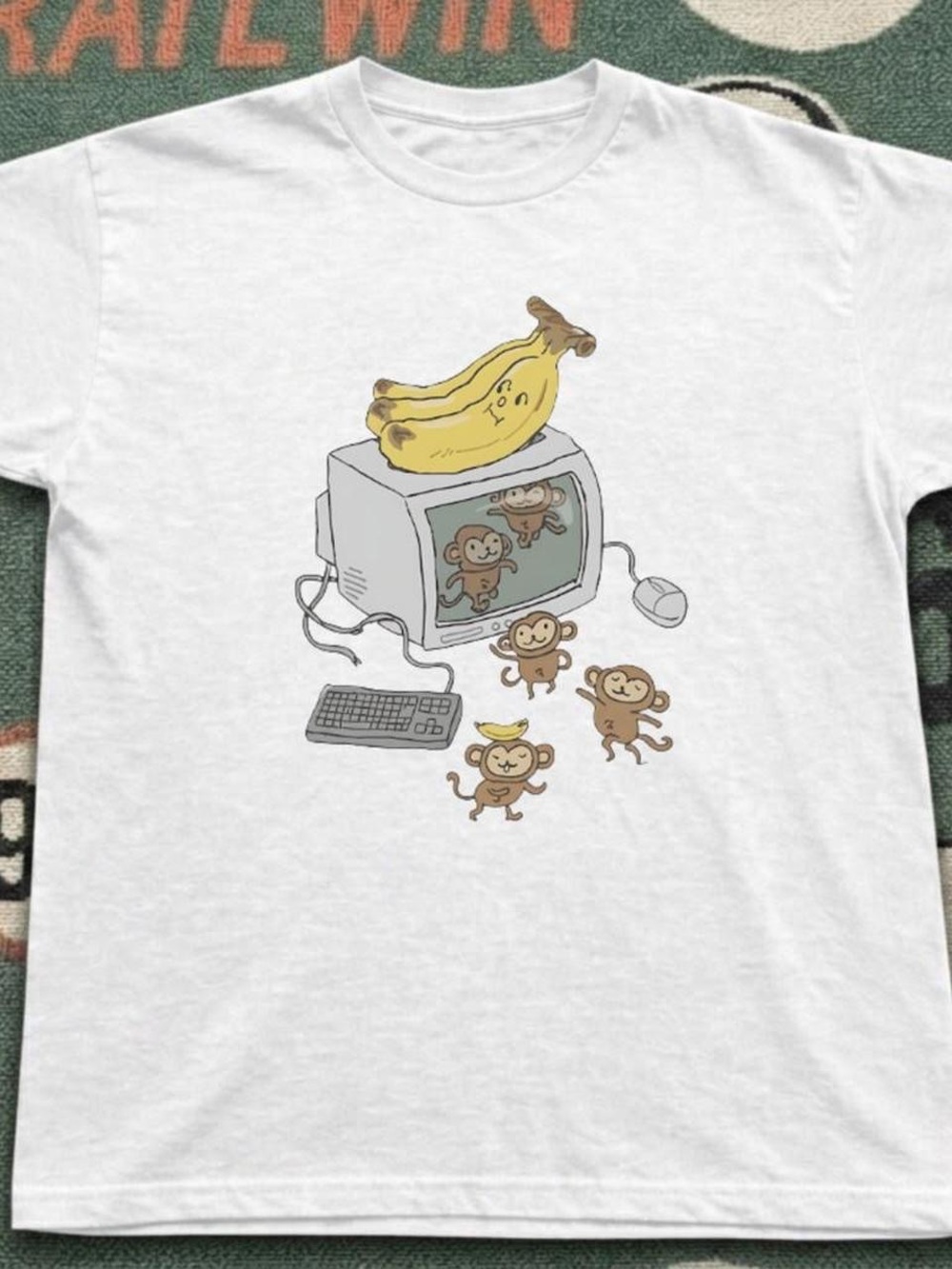 Gildan White T‑Shirt with Banana & Monkey Computer Graphic